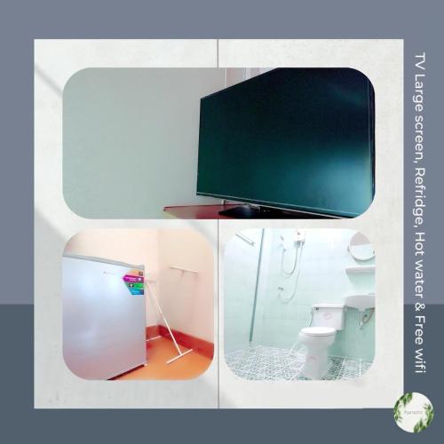 a collage of three pictures of a bathroom with a television at SOLEIL HAUS - Huahin in Hua Hin