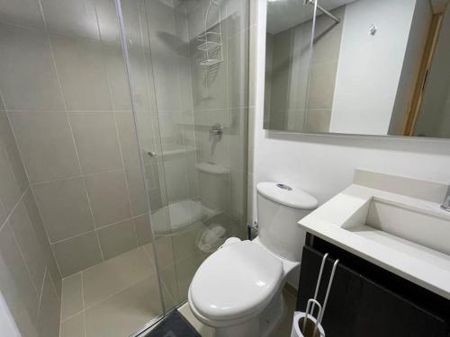 a bathroom with a shower and a toilet and a sink at Cómodo Apto Lago Sochagota in Paipa