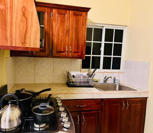a kitchen with wooden cabinets and a stove and a sink at The Rest Stop-B- 15 min from Airport/24hrs Security in Montego Bay