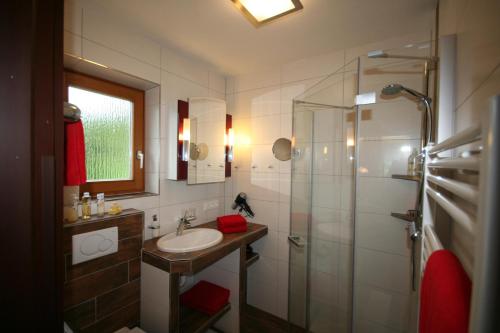 a bathroom with a sink and a shower at Ferienhaus Sonnenhang in Matrei in Osttirol