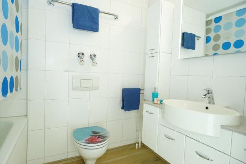 沙伊代格的住宿－RELAX - BLUE mit Pool und Sauna，一间带卫生间和水槽的浴室