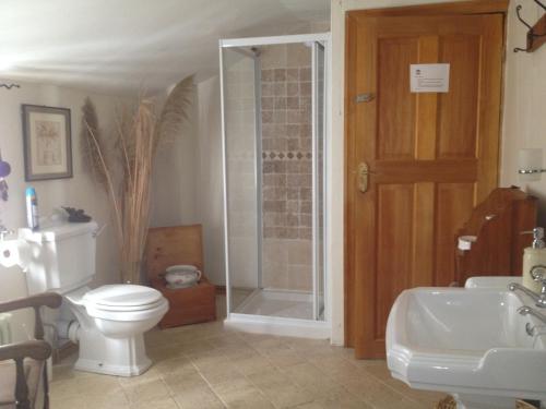uma casa de banho com um WC, um chuveiro e um lavatório. em Alice Guest house em Cheltenham