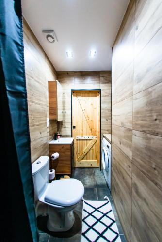 a bathroom with a toilet and a sink at Domek Trolla in Sieraków