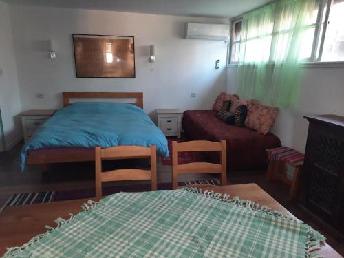 ein Schlafzimmer mit einem Bett, einem Sofa und einem Tisch in der Unterkunft הבית הירוק - Green House in Arad
