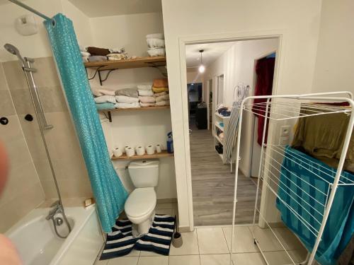 a bathroom with a toilet and a walk in shower at Super chambre avec salle de bain in Courcouronnes