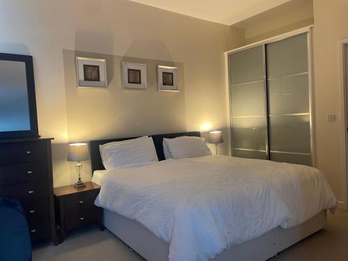 een slaapkamer met een bed en een flatscreen-tv bij Apartment 7 in Milton Keynes