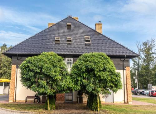 una casa con dos árboles delante de ella en Apartamenty i pokoje ,,Leśne" en Jastarnia