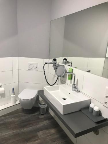 a bathroom with a sink and a toilet and a mirror at Ziegenbruch´s Gastronomie in Spenge