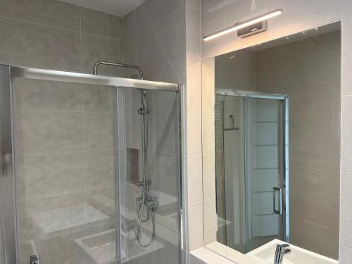 y baño con ducha y puerta de cristal. en Modern Vero Apartments Górskiego, en Gdynia