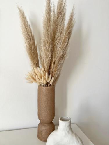 a vase with feathers in it sitting next to a vase with a v at Le Petit Bohème - Cocon Rochelais in La Rochelle