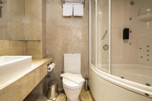 a bathroom with a toilet and a sink and a shower at Glamorous Flat with Jacuzzi near Hadrians Gate in Antalya