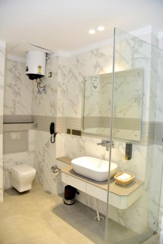 ein Badezimmer mit einem WC, einem Waschbecken und einem Spiegel in der Unterkunft AnantVilas Shimla Hills in Shimla