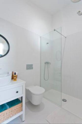 a bathroom with a shower and a toilet and a sink at Urban Cabin in Vila Nova de Gaia