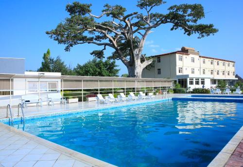 a pool with chairs and a tree and a building at Haile Resort Ziway Batu in Ziway