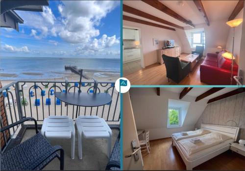 two pictures of a living room and a balcony with the ocean at Nordland Appartements - Wohnung Alsen in Wyk auf Föhr