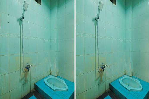 two pictures of a bathroom with two urinals in it at OYO Life 92258 Kostel 21 Syariah in Semarang
