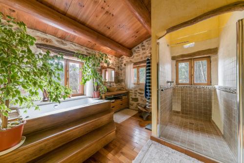 y baño con bañera grande y ducha. en Villa Lorna - 2 maisons - piscine privée en Aups