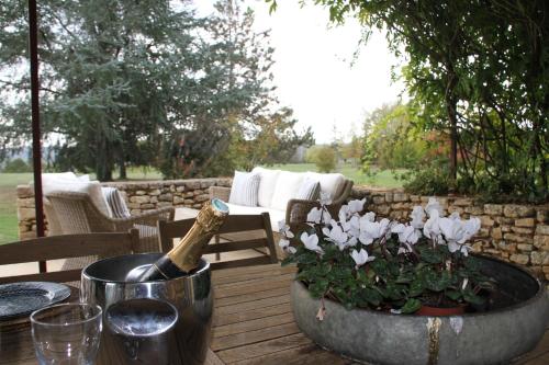 a bottle of champagne sitting on a table with a plant at Manoir de La Brunie-Grand Longere in Coux-et-Bigaroque