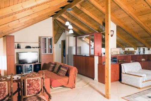 a living room with a couch and a tv at Cozy Σοφίτα in Ioannina