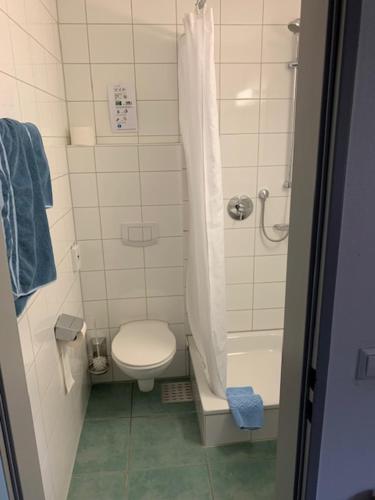 a small bathroom with a toilet and a shower at Topp Apartments in Tübingen