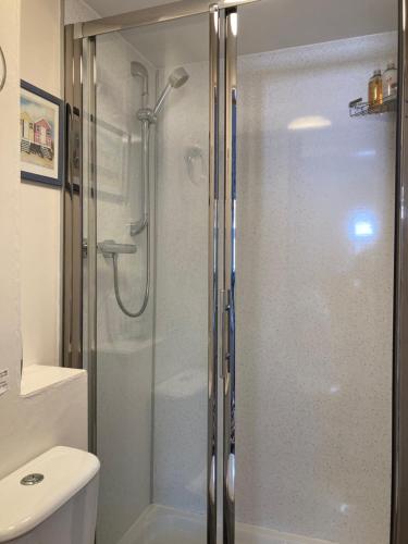 una doccia con porta in vetro in bagno di The Wentworth Guest House a Paignton