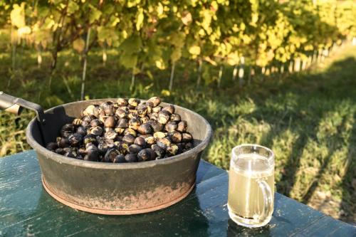 a bucket of olives on a table with a glass of water at Gasthof Wagner Restaurant-Pension in Halbenrain