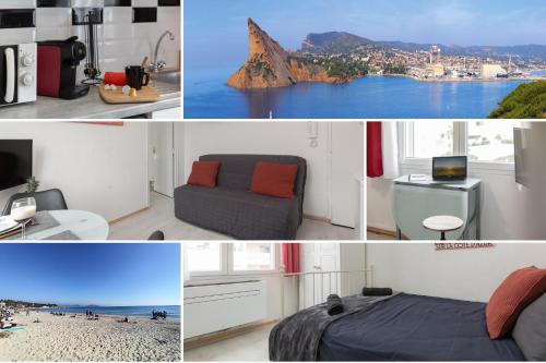 kolaż zdjęć pokoju z łóżkiem i plaży w obiekcie Été Indien - Plage - Wifi - Host Provence w mieście La Ciotat