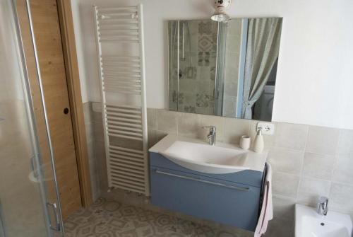 uma casa de banho com um lavatório e um chuveiro com um espelho. em Casa Claudia - Casa Vacanze em Domegge di Cadore