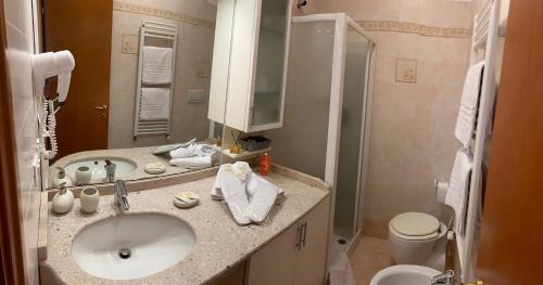 a bathroom with a sink and a toilet and a mirror at House Dogana in Peschiera del Garda