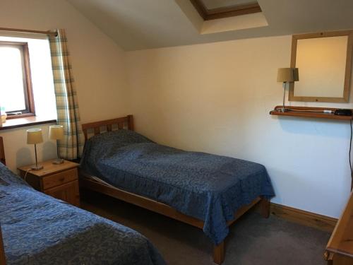 a hotel room with two beds and a mirror at Upper Grippath Farm Holiday Cottages in Newport