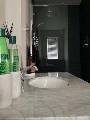 a bathroom counter with a sink in a room at Fig Tree House in Lymington