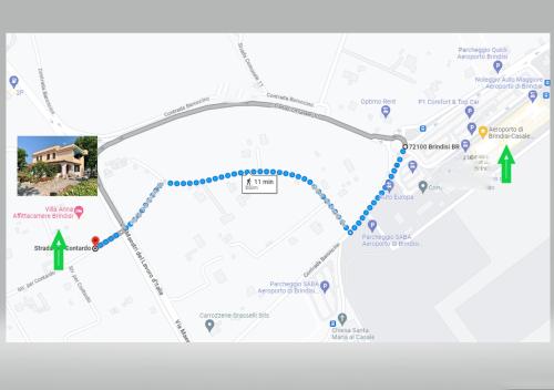 una mappa del percorso approssimativo di una linea di autobus di Villa Anna GuestHouse a Brindisi