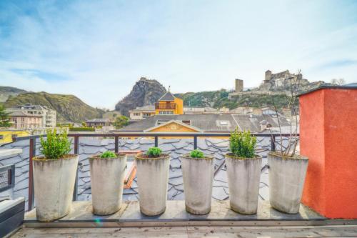 a row of potted plants sitting on a balcony at Duplex de charme au cœur de la vieille ville de Sion in Sion