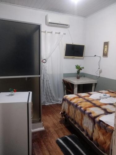 um quarto com uma cama e uma televisão de ecrã plano em Pousada Jardim Alameda em Blumenau