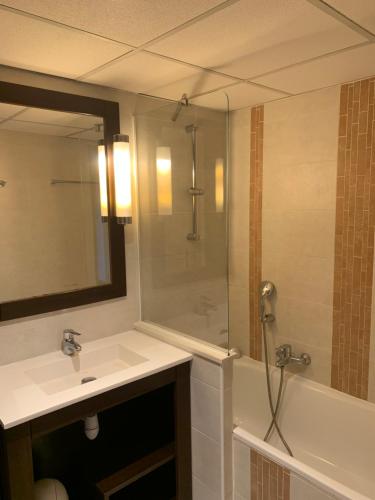 a bathroom with a sink and a shower with a mirror at Port Frejus Thalasso in Fréjus