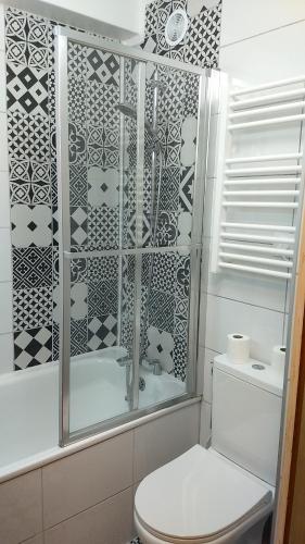 La salle de bains est pourvue d'une douche et de toilettes blanches. dans l'établissement Woody Studio Les Menuires, à Levassaix