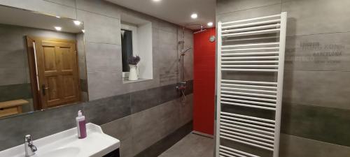 Ubytování U Kapličky في نوفي ميستو نا مورافي: حمام مع حوض ومرآة