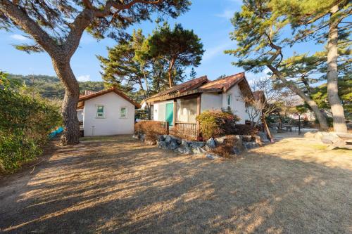 a small white house with trees in front of it at Clear morning pet friendly pension in Gyeongju