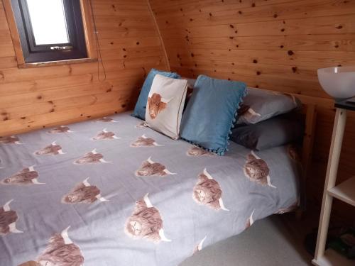 a bed in a room with cats on it at Hillside Camping Pods and Shepherd's Hut in Wick