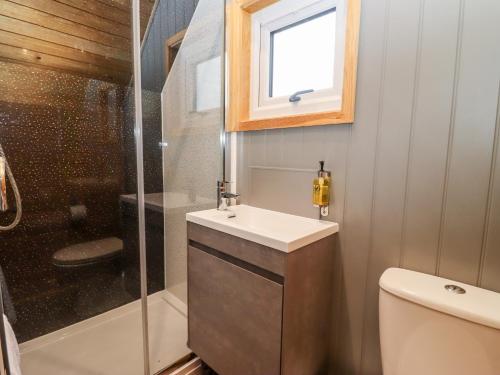 a bathroom with a sink and a shower at Willow Lodge At Bridge Lake Farm & Fishery in Banbury