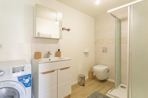 une salle de bain avec machine à laver et toilettes dans l'établissement Le Cosy - Providence - Parking - Terrasse, à Troyes