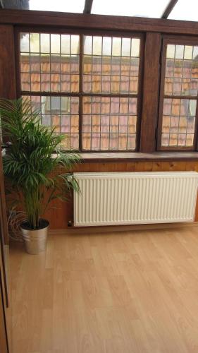 a room with windows and a potted plant at Winzeranwesen - Weingut Christian Eberley - Haupthaus I MINDESTAUFENTHALT 4 NÄCHTE - MINIMUM STAY 4 NIGHTS in Neustadt an der Weinstraße