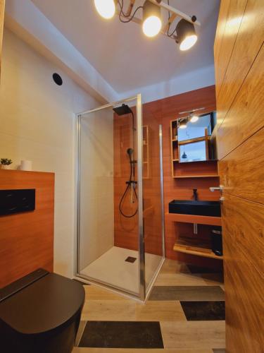 a glass shower in a bathroom with a sink at Magnifique appartement avec balcon vue mer à l'entrée d'Ajaccio in Ajaccio