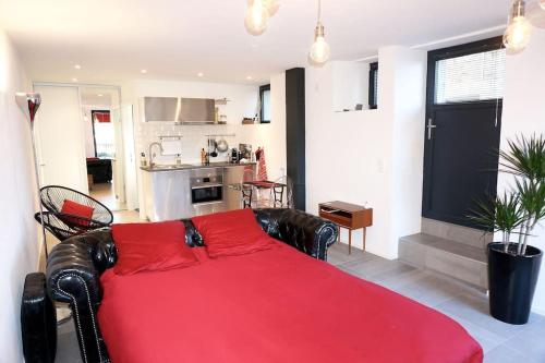 uma sala de estar com uma cama com um cobertor vermelho em Beau studio dans ancienne grange rénovée. em Blonay