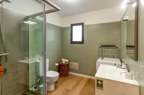 a bathroom with a toilet and a sink and a shower at Referta Apartamento T2 in Prazeres
