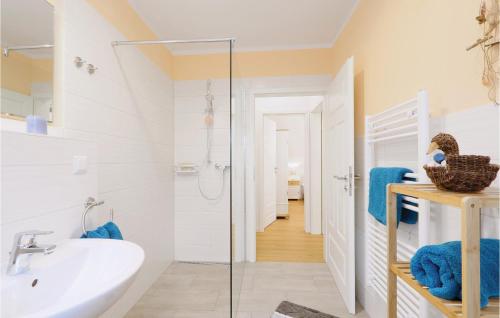 La salle de bains est pourvue d'un lavabo et d'une douche. dans l'établissement Reetdachhaus Moin-moin, à Kutzow