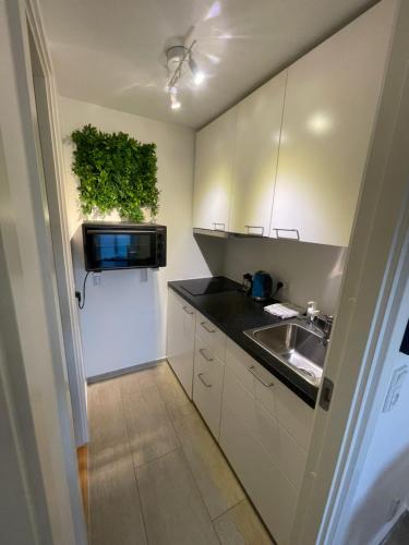 a small kitchen with a sink and a microwave at City Aarhus in Aarhus
