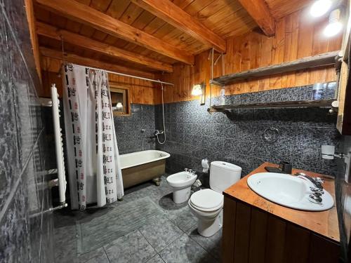 uma casa de banho com um lavatório, um WC e uma banheira em Cabaña El Maqui em San Martín de los Andes