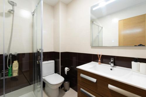 uma casa de banho com um WC, um lavatório e um chuveiro em Apartamento Solpor Bueu em Bueu