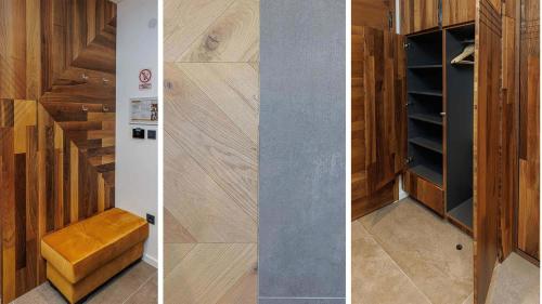 three different views of a closet with wood paneling at Aparthotel Poljice in Jahorina